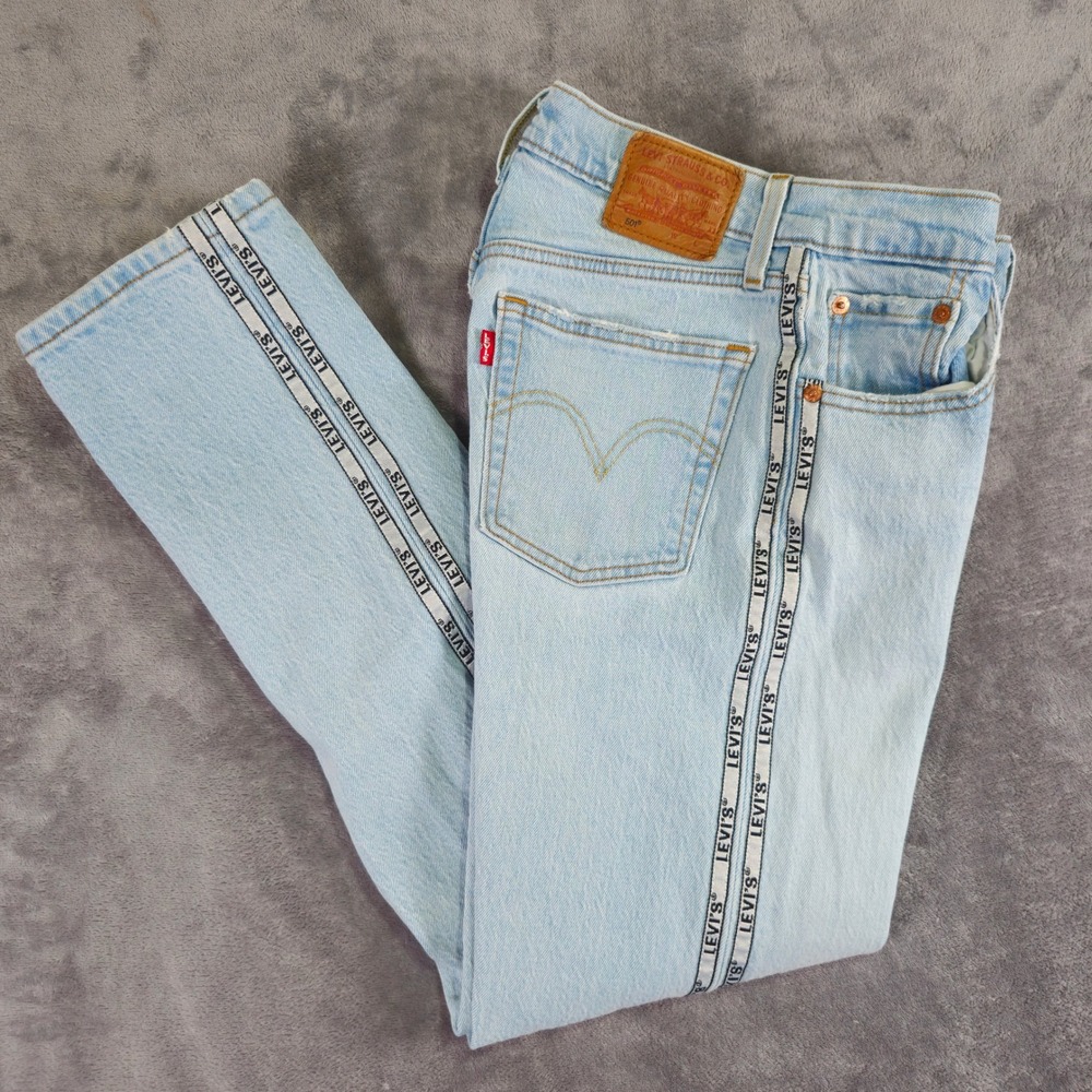 Levi Jeans Womens 25 Light Blue 501 Premium Logo Tape Side Stripe Straight Leg